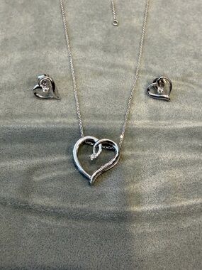 New Angara Diamond Sterling Silver Heart Pendant Necklace & Earrings Set